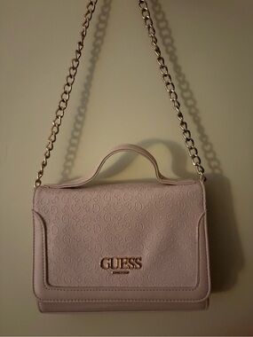 GUESS Pale Pink Embossed Logo Chain Crossbody Bag